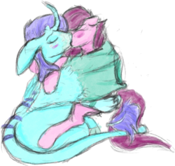 Size: 1119x1061 | Tagged: safe, artist:overlord pony, oc, oc only, dracony, earth pony, hybrid, kirin, pony, blushing, colored, cute, female, happy, hug, interspecies, kissing, lesbian, mare, oc x oc, shipping, simple background, sitting, sketch, transparent background, winghug, wings