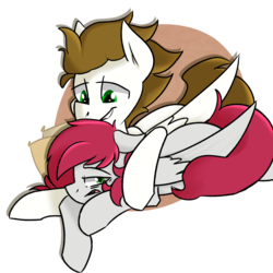 Size: 2560x2560 | Tagged: safe, artist:themodpony, oc, oc only, oc:ateren steelbender, oc:little love, pony, commission, cuddling, high res, male, trap, waking up