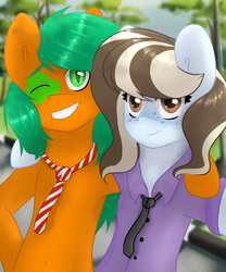 Size: 900x1080 | Tagged: safe, artist:tigra0118, oc, oc only, pony, bipedal, colored pupils, duo, freckles, grin, hoof around neck, looking at you, necktie, one eye closed, slit pupils, smiling, wink