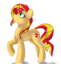 Size: 681x720 | Tagged: safe, artist:tigra0118, sunset shimmer, pony, unicorn, g4, female, looking up, mare, raised hoof, simple background, smiling, solo, white background