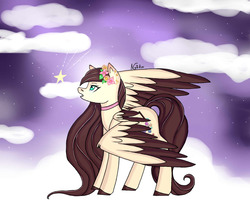 Size: 1280x1081 | Tagged: safe, artist:nyokoart, oc, oc only, oc:akemi fly, pegasus, pony, choker, cloud, colored hooves, colored pupils, colored wings, colored wingtips, female, flower, flower in hair, mare, shooting star, signature, solo, wing fluff