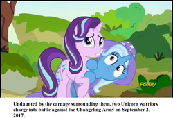 Size: 1280x870 | Tagged: safe, starlight glimmer, trixie, pony, unicorn, g4, to change a changeling, blatant lies, cowering, fake history, hiding, lies, newspaper, scared, text
