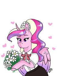 Size: 960x1280 | Tagged: safe, artist:nyokoart, princess cadance, alicorn, pony, g4, bipedal, bouquet, clothes, female, heart, hoof hold, mare, signature, simple background, solo, white background