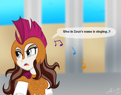 Size: 1024x800 | Tagged: dead source, safe, artist:wubcakeva, equestria girls, g4, armor, athena, clothes, dialogue, equestria girls-ified, female, greek mythology, implied dazzlings, music notes, open mouth, solo, speech bubble