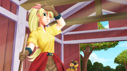 Size: 1920x1080 | Tagged: safe, artist:didj, applejack, human, my little mages, g4, barn, belt, clothes, crepuscular rays, female, gloves, humanized, looking at you, one eye closed, pants, solo, tree, wink