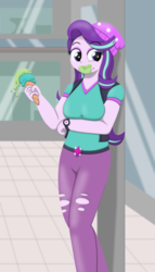 Size: 1688x2961 | Tagged: safe, artist:ljdamz1119, starlight glimmer, equestria girls, equestria girls specials, g4, mirror magic, beanie, clothes, dessert, female, food, hat, ice cream, mall, pants, shirt, solo, torn clothes, two scoops, watch