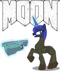 Size: 1176x1394 | Tagged: safe, artist:totallynotabronyfim, princess luna, alicorn, pony, g4, alternate hairstyle, armor, bfg, doom, female, glowing horn, gun, horn, magic, mare, moon, praetor suit, simple background, solo, telekinesis, transparent background, weapon