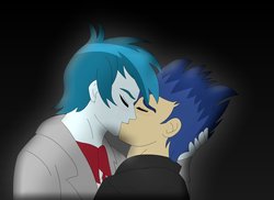 Size: 1600x1163 | Tagged: safe, artist:supermaxx92, flash sentry, thunderbass, equestria girls, g4, gay, kissing, male, shipping, thunderflash