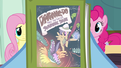 Size: 1280x720 | Tagged: safe, screencap, daring do, fluttershy, pinkie pie, rainbow dash, pony, g4, read it and weep, book, daring do and the sapphire statue