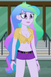 Size: 480x720 | Tagged: safe, edit, edited screencap, editor:ah96, screencap, princess celestia, principal celestia, equestria girls, g4, my little pony equestria girls: friendship games, belly button, breast edit, breasts, cleavage, clothes, cropped, female, front knot midriff, midriff, shorts, solo