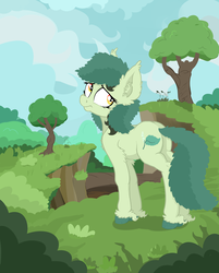 Size: 1997x2483 | Tagged: safe, artist:paskanaakka, derpibooru exclusive, oc, oc only, oc:bittergreen, earth pony, pony, butt, chest fluff, cloud, colored hooves, ear fluff, female, frown, looking back, mare, plot, sad, scenery, solo, tree, unshorn fetlocks