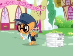 Size: 436x337 | Tagged: safe, screencap, breaking news (character), tiny times, pegasus, pony, daring done?, g4, colt, cropped, glasses, hat, male, newspaper, solo