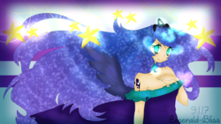 Size: 1920x1080 | Tagged: safe, artist:emerald-bliss, artist:xkittyblue, princess luna, human, g4, clothes, dress, female, humanized, solo, winged humanization, wings