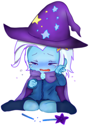 Size: 703x994 | Tagged: safe, artist:starwantrix, artist:weiliy, color edit, derpibooru exclusive, edit, trixie, equestria girls, g4, broken, colored, crying, cute, diatrixes, eyes closed, feels, female, hat, hugs needed, open mouth, sad, simple background, solo, the sad and depressive trixie, transparent background, wand, wavy mouth, woobie, young, younger