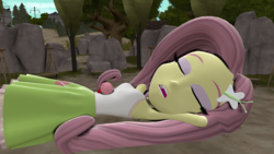Size: 3020x1698 | Tagged: safe, artist:scalelover, fluttershy, puffball, equestria girls, g4, 3d, armpits, clothes, eyes closed, fluttershy's skirt, giantess, kirby, kirby (series), macro, scenery, skirt, sleeping, source filmmaker, tank top
