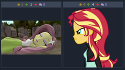 Size: 485x271 | Tagged: safe, artist:scalelover, fluttershy, sunset shimmer, puffball, derpibooru, equestria girls, g4, 3d, angry, armpits, juxtaposition, juxtaposition win, kirby, kirby (series), meme, meta, sleeping