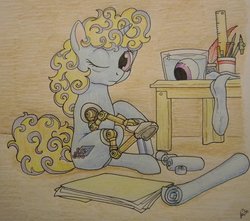 Size: 2604x2302 | Tagged: safe, artist:cyanjames2819, oc, oc only, oc:gabrielle eleanor desrochers, cyborg, pony, unicorn, fanfic:my life as a bipedal quadruped, amputee, cutie mark, fanfic, fanfic art, female, filly, fimfiction, foal, high res, hooves, human in equestria, mane, mechanical legs, multicolored hair, multicolored tail, one eye closed, prosthetic eye, prosthetic limb, prosthetics, sitting, solo, table, tail, tools, traditional art