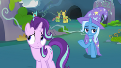 Size: 1920x1080 | Tagged: safe, screencap, arista, clypeus, cornicle, starlight glimmer, trixie, changedling, changeling, g4, to change a changeling, changeling hive, frown, grin, raised eyebrow, sad, smiling, sorry