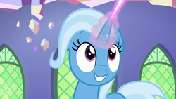 Size: 1280x720 | Tagged: safe, screencap, trixie, pony, unicorn, all bottled up, g4, cute, diatrixes, female, glowing horn, horn, magic, mare, smiling, solo