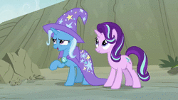 Size: 1280x720 | Tagged: safe, screencap, starlight glimmer, trixie, pony, unicorn, g4, to change a changeling, animated, duo, female, mare, pointing, sound, that looks like it hurts, webm