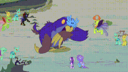 Size: 640x360 | Tagged: safe, screencap, arista, clypeus, cornicle, frenulum (g4), pharynx, starlight glimmer, thorax, trixie, changedling, changeling, maulwurf, pony, g4, to change a changeling, animated, butt, gif, king thorax, ouch, plot
