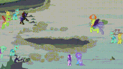 Size: 640x360 | Tagged: safe, edit, screencap, arista, clypeus, cornicle, frenulum (g4), pharynx, starlight glimmer, thorax, trixie, changedling, changeling, maulwurf, pony, g4, to change a changeling, animated, butt, gif, king thorax, ouch, plot, reversed