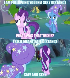 Size: 500x561 | Tagged: safe, edit, edited screencap, screencap, arista, clypeus, cornicle, starlight glimmer, trixie, pony, g4, to change a changeling, butt, female, image macro, lesbian, meme, plot, ship:startrix, shipping