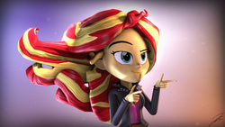 Size: 9600x5400 | Tagged: safe, artist:imafutureguitarhero, sunset shimmer, equestria girls, g4, monday blues, my little pony equestria girls: summertime shorts, 3d, absurd resolution, beautiful, bed hair, clothes, female, finger gun, finger guns, jacket, leather jacket, majestic, meme, messy hair, pointing, raised eyebrow, smiling, smirk, solo, source filmmaker