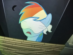 Size: 4032x3024 | Tagged: safe, screencap, rainbow dash, pony, daring done?, g4, blindfold, rainbond dash, tied up