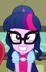 Size: 447x689 | Tagged: safe, screencap, sci-twi, twilight sparkle, equestria girls, g4, my little pony equestria girls: summertime shorts, subs rock, adorkable, bowtie, cropped, cute, dork, excited, female, glasses, grin, nerd, smiling, solo, twiabetes