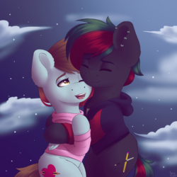 Size: 3000x3000 | Tagged: safe, artist:spirit-dude, oc, oc only, oc:flint sketch, oc:spirit rose, pony, clothes, eyes closed, female, high res, hoodie, male, mare, night, open mouth, sitting, smiling, stallion, stars