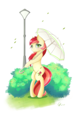 Size: 1200x1920 | Tagged: safe, artist:laptop-pone, roseluck, earth pony, pony, g4, belly button, bipedal, bush, female, lamppost, looking at you, mare, smiling, solo, umbrella