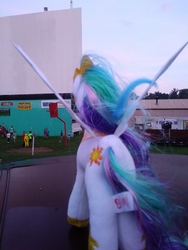 Size: 4160x3120 | Tagged: safe, princess celestia, human, g4, car, drive-in theatre, irl, irl human, photo, plushie, theater, toy