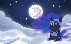 Size: 1294x809 | Tagged: artist needed, safe, nightmare moon, alicorn, pony, g4, :t, chibi, cloud, female, full moon, mare in the moon, moon, night, night sky, sky, solo