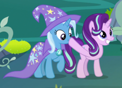 Size: 665x480 | Tagged: safe, screencap, starlight glimmer, trixie, pony, unicorn, g4, to change a changeling, boop, cape, clothes, cropped, cute, duo, grin, hat, raised hoof, scrunchy face, smiling, trixie's cape, trixie's hat