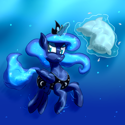 Size: 1200x1200 | Tagged: safe, artist:amidkor, princess luna, pony, g4, blue eyes, blue mane, blue tail, bubble, clothes, crepuscular rays, crown, eyeshadow, feather, female, flowing mane, flowing tail, folded wings, glowing, glowing horn, holding breath, horn, jewelry, magic, makeup, mare, ocean, one-piece swimsuit, pillow, pillow fight, regalia, solo, sunlight, swimming, swimsuit, tail, underwater, water, wings