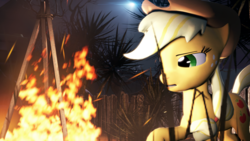 Size: 3840x2160 | Tagged: safe, artist:jollyoldcinema, applejack, earth pony, pony, g4, 3d, alone, campfire, camping, desert, female, high res, night, solo, source filmmaker