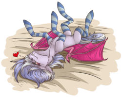 Size: 3366x2688 | Tagged: safe, artist:sunny way, oc, oc only, oc:moon aura, bat pony, pony, rcf community, bed, clothes, commission, fangs, female, high res, hooves, lovely, nudity, on back, on bed, simple shading, smiling, socks, solo, striped socks, teeth, wings, ych result