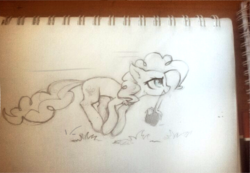 Size: 1186x821 | Tagged: safe, artist:inowiseei, pinkie pie, earth pony, pony, g4, basket, female, monochrome, mouth hold, pronking, sketch, solo, traditional art