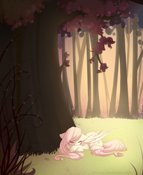 Size: 1024x1247 | Tagged: safe, artist:chimeeri, fluttershy, pegasus, pony, g4, cute, eyes closed, female, folded wings, nature, outdoors, prone, shyabetes, sleeping, solo, tree, under the tree