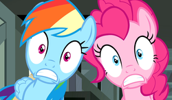 Size: 1847x1080 | Tagged: safe, screencap, pinkie pie, rainbow dash, pony, daring done?, g4, looking at you