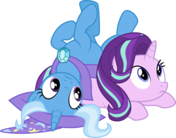 Size: 3832x3001 | Tagged: safe, artist:cloudy glow, starlight glimmer, trixie, pony, unicorn, g4, to change a changeling, .ai available, cape, clothes, cute, diatrixes, duo, female, glimmerbetes, hat, high res, mare, pony pile, simple background, transparent background, trixie's cape, trixie's hat, vector