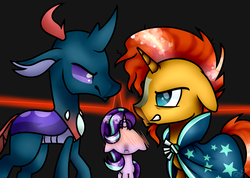 Size: 5600x3987 | Tagged: safe, artist:powderedsugar42, pharynx, starlight glimmer, sunburst, changedling, changeling, pony, unicorn, g4, to change a changeling, blushing, female, floppy ears, looking at each other, love triangle, male, prince pharynx, ship:starburst, shipping, straight