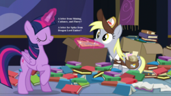 Size: 1280x720 | Tagged: safe, edit, edited screencap, editor:korora, screencap, derpy hooves, twilight sparkle, alicorn, pegasus, pony, g4, to where and back again, book, female, letter, magic, magic aura, mailbag, mare, mouth hold, package, text, twilight sparkle (alicorn), twilight's castle