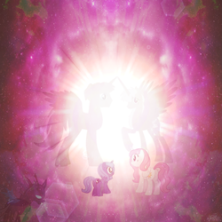 Size: 1024x1024 | Tagged: safe, artist:wisdomvision f., princess celestia, princess luna, changeling, g4, beyond the light, cover art, father, father and mother, female, lcac, love changes a changeling, male, mother, story, story art