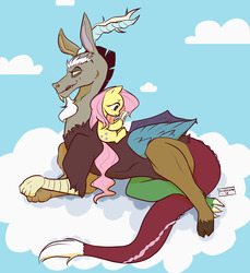 Size: 1280x1396 | Tagged: safe, artist:sharkam0, discord, fluttershy, g4, book, cloud, cute, discute, female, male, on a cloud, reading, ship:discoshy, shipping, straight