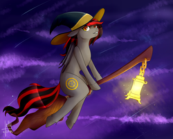Size: 2633x2119 | Tagged: safe, artist:lollydoom, oc, oc only, oc:tomoko tanue, bat pony, pony, barely correct leg anatomy, broom, female, flying, flying broomstick, hat, high res, mare, night, witch, witch hat