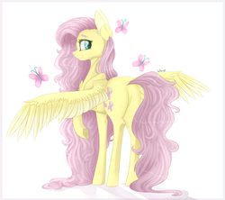 Size: 3364x2982 | Tagged: safe, artist:holoriot, fluttershy, butterfly, pegasus, pony, g4, butt, chest fluff, cute, dock, female, high res, long mane, looking at you, looking back, looking back at you, mare, plot, raised hoof, simple background, solo, white background