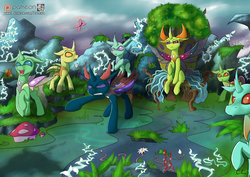 Size: 1280x905 | Tagged: safe, artist:calena, arista, clypeus, cornicle, frenulum (g4), pharynx, soupling, thorax, butterfly, changedling, changeling, squirrel, g4, to change a changeling, angry, changedling brothers, cloud, implied chrysalis, king thorax, mountain, mushroom, patreon, patreon logo, patreon preview, plant, pointing, prince pharynx, roots, shadow, sitting, sky, surprised, throne, tree