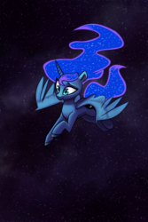 Size: 2000x3000 | Tagged: safe, artist:jykinturah, artist:lilfunkman, princess luna, alicorn, pony, g4, collaboration, female, flying, galaxy mane, high res, mare, solo, space, spread wings, wings